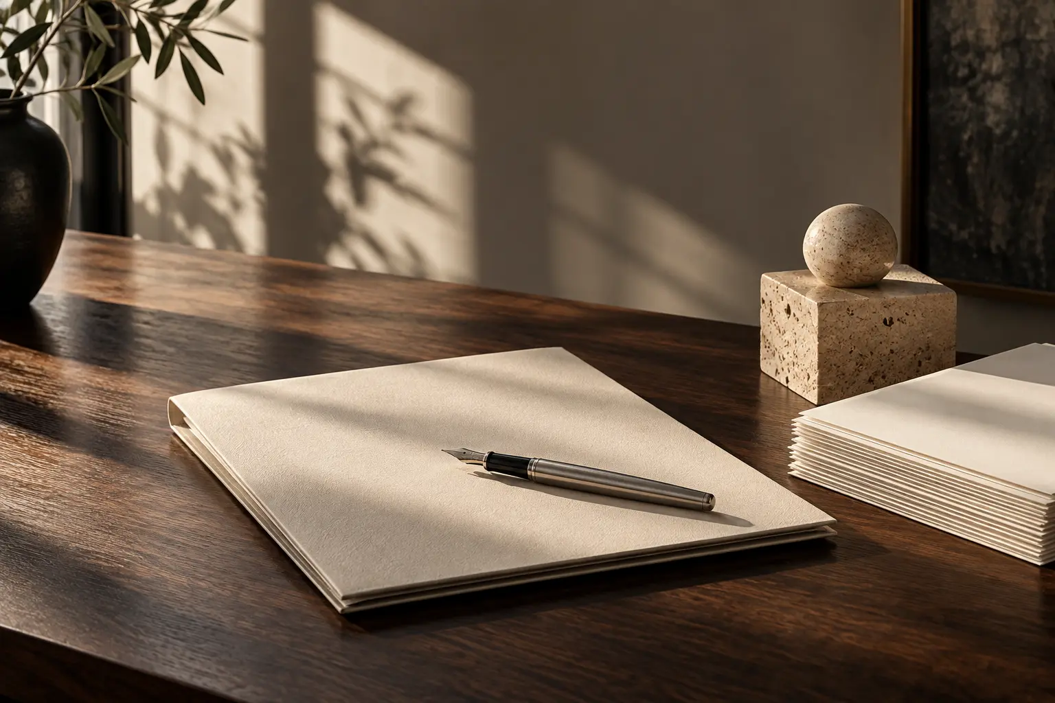 Carpeta de documentos y pluma sobre una mesa de madera con luz natural